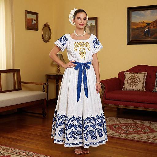 Photograph of a smiling woman in a white, blue-embroidered, 1950s-style dress with blue bow, pearl necklace, and