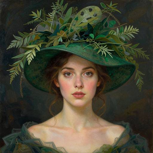 Digital painting of a young woman with fair skin and brown eyes, wearing an elaborate green hat adorned with foliage and a leafy mask, against a dark