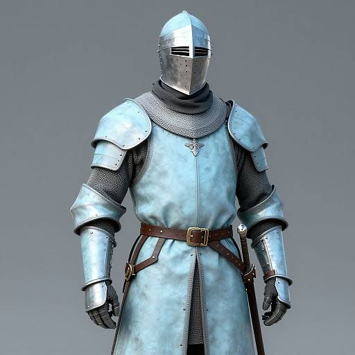 CGI image of a medieval knight in shiny, silver plate armor with a barred visor, brown leather belt, and black gloves. Gray gradient background