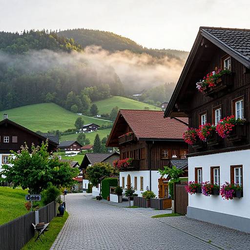 Photograph of a picturesque Alpine village at sunrise, featuring cobblestone street, wooden chalets with flower boxes, and mist-covered green hills in the