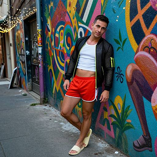 Photograph of muscular man with short dark hair, wearing black mesh jacket, white crop top, red shorts, yellow slide sandals, leaning against vibrant graffiti