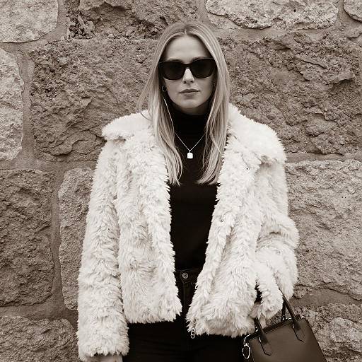 Woman in White Fluffy Jacket and Sunglasses
