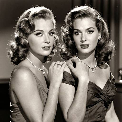 Black-and-white photograph of two 1940s-style women with curled hair, wearing pearl necklaces and strapless dresses, posing closely together.