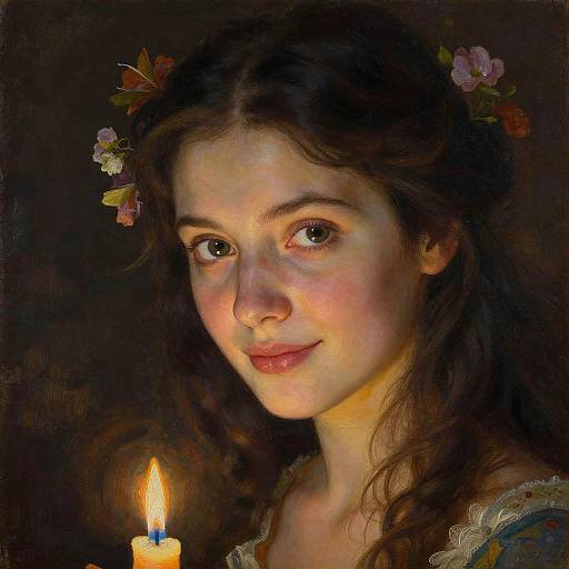 Digital painting of a young woman with glowing skin, brown eyes, and dark hair adorned with flowers, illuminated by a candle.