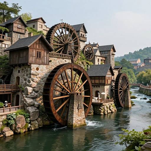 Fantasy City with Water Wheels by River