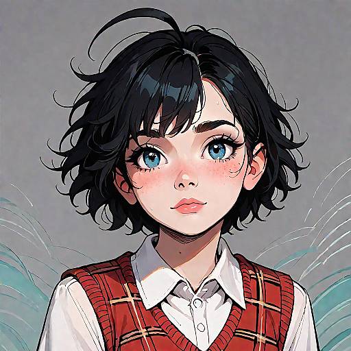 Anime Style Portrait of Girl with Black Hair and Blue Eyes