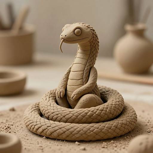 Photograph of a detailed, beige, clay snake sculpture with realistic scales, coiled on a textured table, surrounded by blurred pottery.