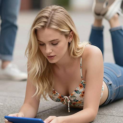 Blonde Woman Lying Outdoors Using Blue Tablet