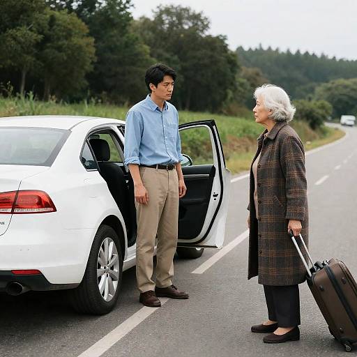 Man and Elderly Woman on Rural Road Next to White Sedan