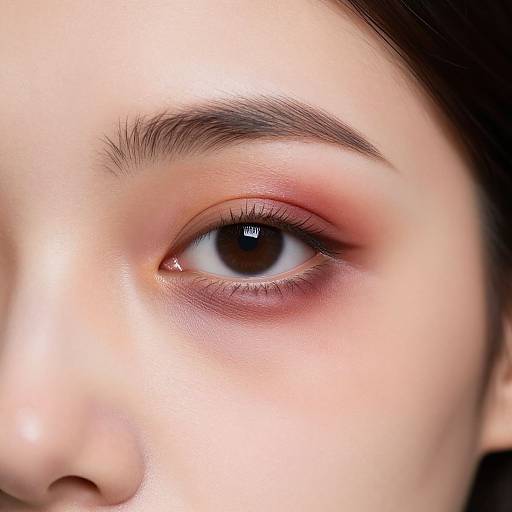 Close-up photograph of an Asian woman's eye, showing a brown iris, light pinkish-brown eyeshadow, well-groomed black eyebrow
