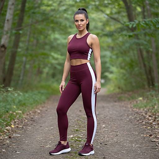 Photograph of a fit, athletic woman with dark hair in a ponytail, wearing maroon sports bra and leggings with white stripes, standing on a