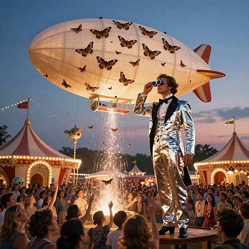 Retro-Futuristic Circus Ringmaster with Floating Zeppelin