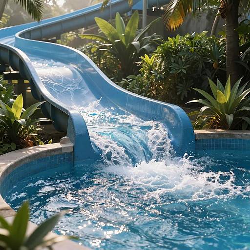 Photograph of a bright blue water slide cascading into a vibrant, sunlit pool surrounded by lush tropical plants and palm trees.