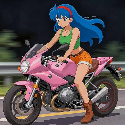 Anime Woman on Pink Motorcycle