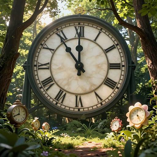 Photograph of a massive, vintage-style clock with Roman numerals, surrounded by lush forest foliage, sunlight filtering through trees, and smaller ornate clocks