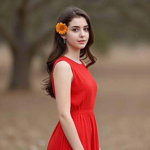 Photograph of a young woman with long dark hair, wearing a vibrant red dress, and an orange flower in her hair, standing in a blurred outdoor