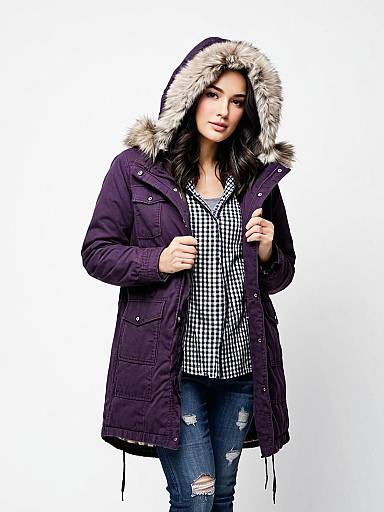 Woman Wearing Dark Purple Parka with Fur-Lined Hood