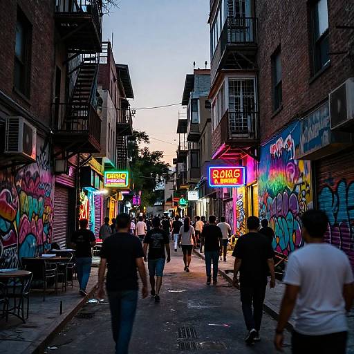 Photograph of a vibrant, graffiti-covered urban alleyway at dusk, with neon signs, pedestrians, and brick buildings on either side.
