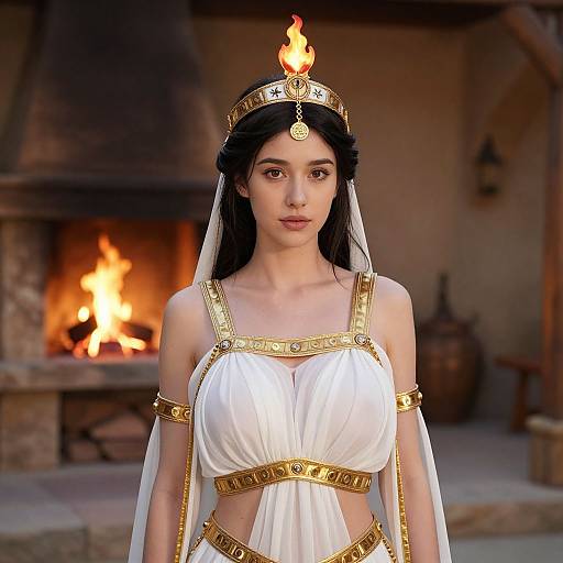 Digital art of a fair-skinned woman with long black hair, wearing a white and gold ancient Greek-inspired dress and headdress with a flame, standing