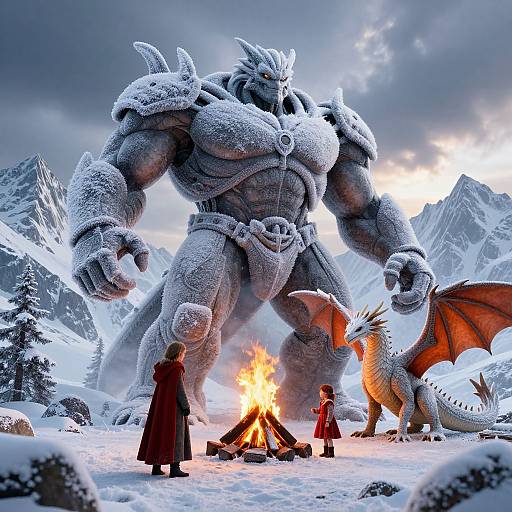 Photorealistic CGI: Snowy mountain scene with towering frost-covered, muscular dragon warrior, two robed figures, and orange dragon by campfire,