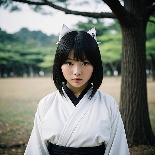 Asian Woman in Traditional Costume with Cat Ears