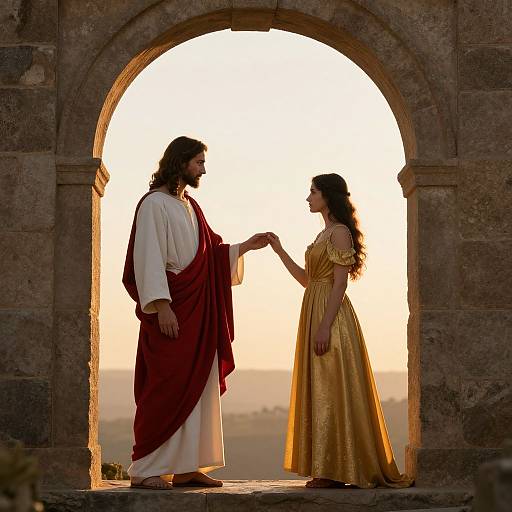 Photograph of Jesus in a white and red robe, holding hands with a woman in a golden dress, silhouetted against a sunset, framed