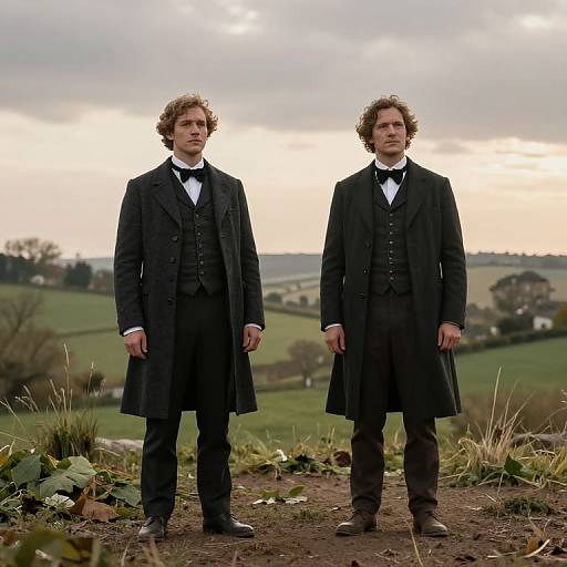 Photograph of two curly-haired men in black formal kilts and bow ties standing on a grassy hill with a cloudy sky.
