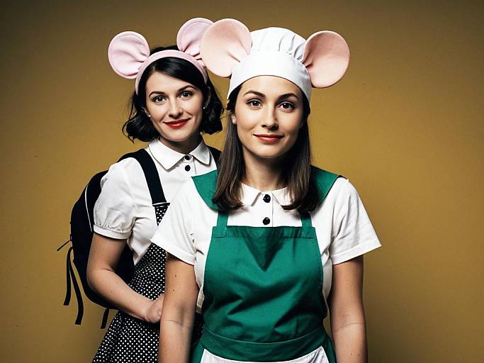 Photograph of two women in retro mouse costumes: one with white hat and green apron, the other with polka-dot dress, smiling against a