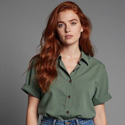 Young Woman with Red Hair in Green Shirt