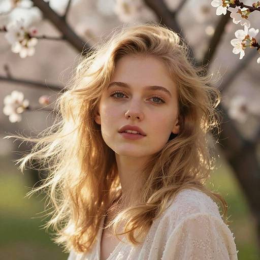Photograph of a young, fair-skinned woman with long, wavy blonde hair, wearing a sheer white blouse, standing in sunlight against a blo