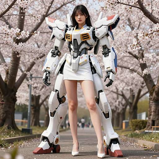 CGI image of an anime-style woman in white, bulky, mechanical armor with black accents, standing on a cherry blossom-lined path.