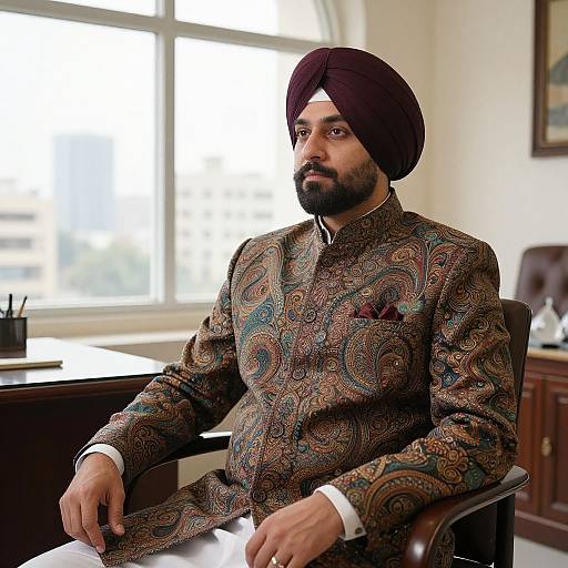 Photograph of a bearded man with dark skin, wearing a maroon turban and ornate paisley-patterned sherwani, sitting in