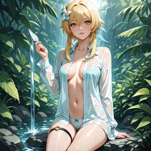 Blonde Girl in Wet Shirt with Feathers
