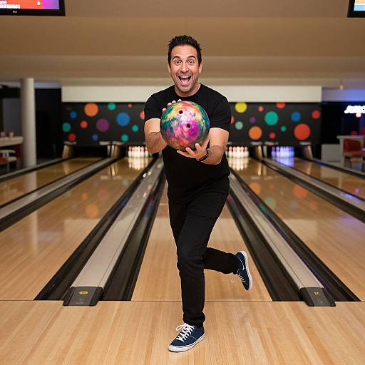 Smiling Man Holding Colorful Bowling Ball
