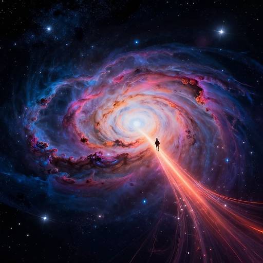 Digital artwork of a vibrant, swirling galaxy with a bright core, surrounded by colorful nebulae and stars. A small, silhouetted figure