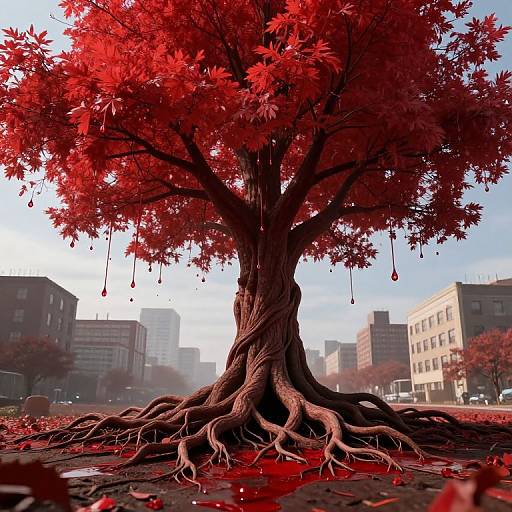 Photograph-like digital artwork of a surreal red-leafed tree with dripping blood, sprawling roots, in an urban background with buildings.