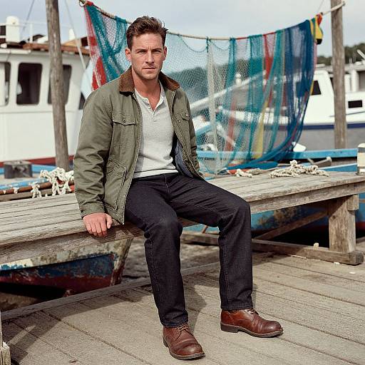 Photograph of a rugged, handsome man with short brown hair, wearing a green jacket, white shirt, black pants, and brown shoes, sitting on