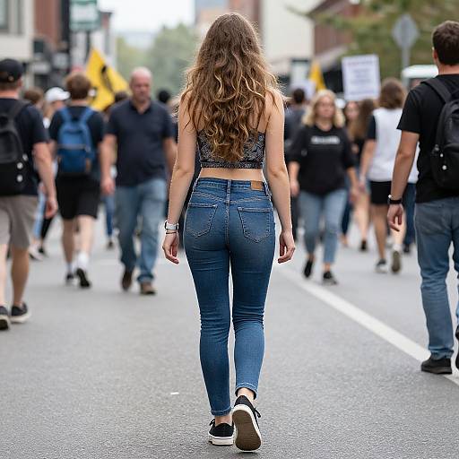 Photograph of a woman with long brown hair, wearing a black crop top, blue jeans, and black sneakers, walking away from the camera in a