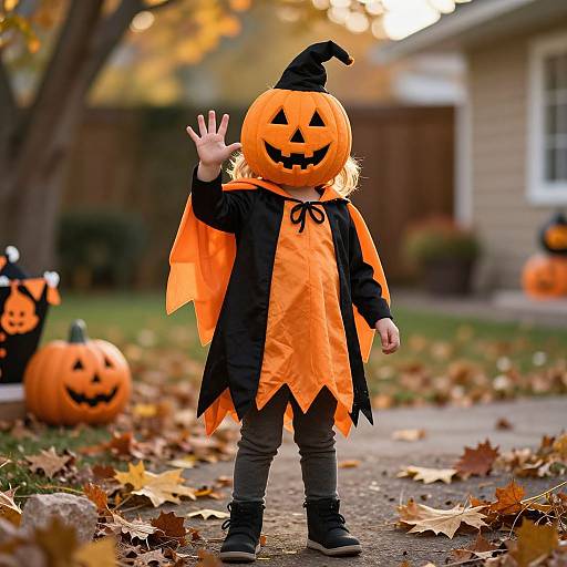 Photograph of a child in an orange pumpkin costume with black hat and cape, waving outdoors with Halloween pumpkins and autumn leaves.