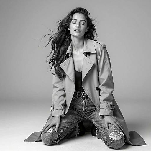 Black and white portrait of woman in trench coat and ripped jeans