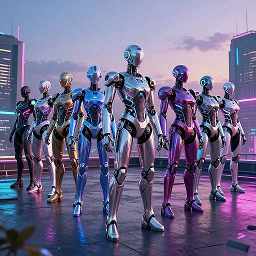 Photorealistic CGI of seven silver and blue humanoid robots standing in a neon-lit rooftop cityscape at sunset.