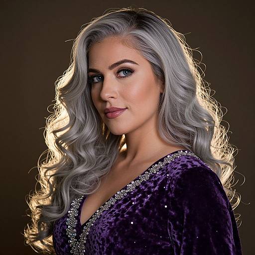 Photograph of a woman with long, wavy, silver hair, wearing a sparkling purple velvet dress, against a dark background, illuminated by soft,