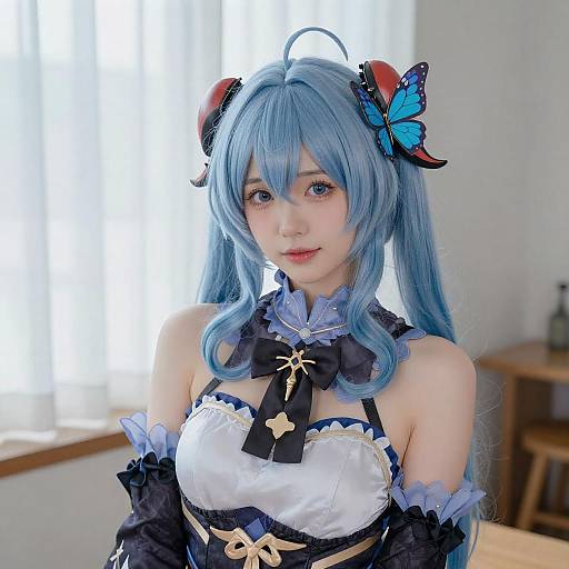 Asian Woman in Blue-Gray Twin Buns Cosplay