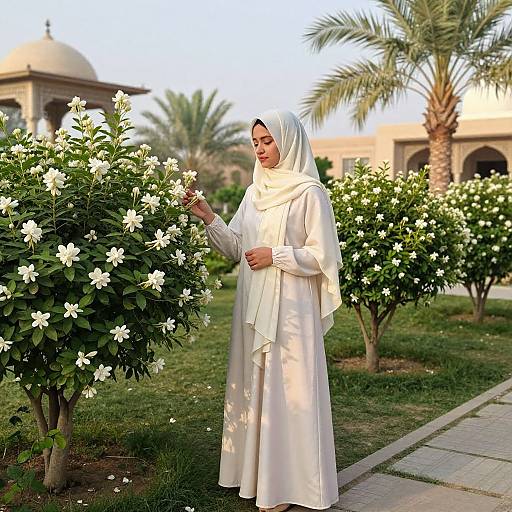Photograph of a woman in white hijab and long dress gently touching white flowers in a garden with palm trees and architectural domes in the background.