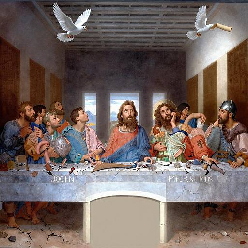 Illustrated Last Supper with Doves and Scroll