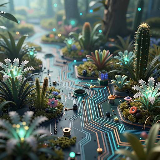 Digital CGI of a glowing, futuristic forest with neon-lit, circuitry pathway through vibrant, illuminated flora, including cacti, flowers, and