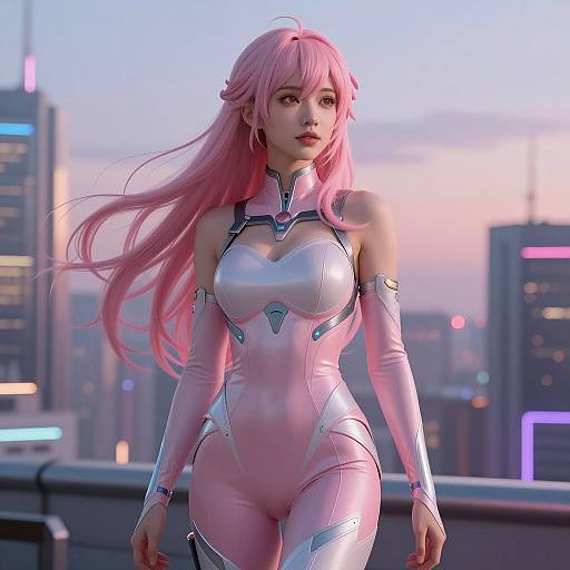 Futuristic Woman with Pink Hair at Dusk