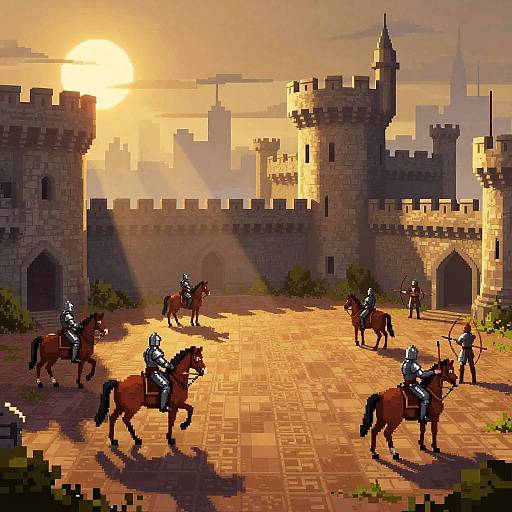 Pixel Art Medieval Castle Courtyard Dawn