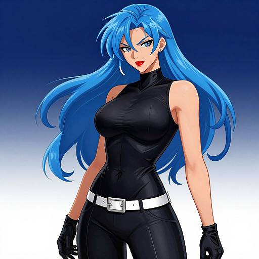 Digital anime-style drawing of a confident woman with long blue hair, black sleeveless top, black pants, white belt, black gloves, and red lipstick