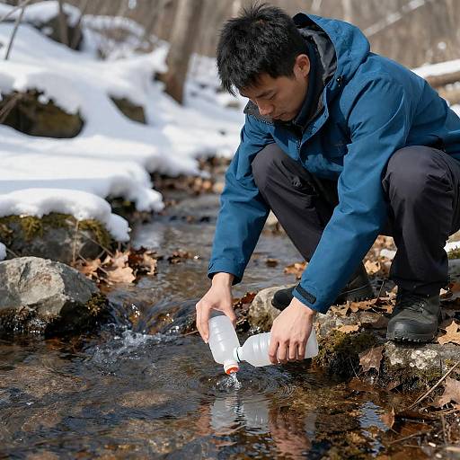Man Filling Water in Snowy Forest